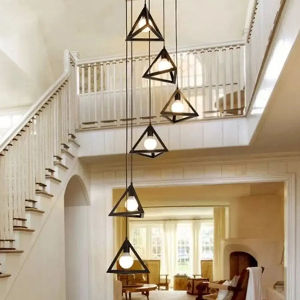 Vintage Triangle Metal Pendant Light - 6-Bulb Cluster Hanging Ceiling In Black