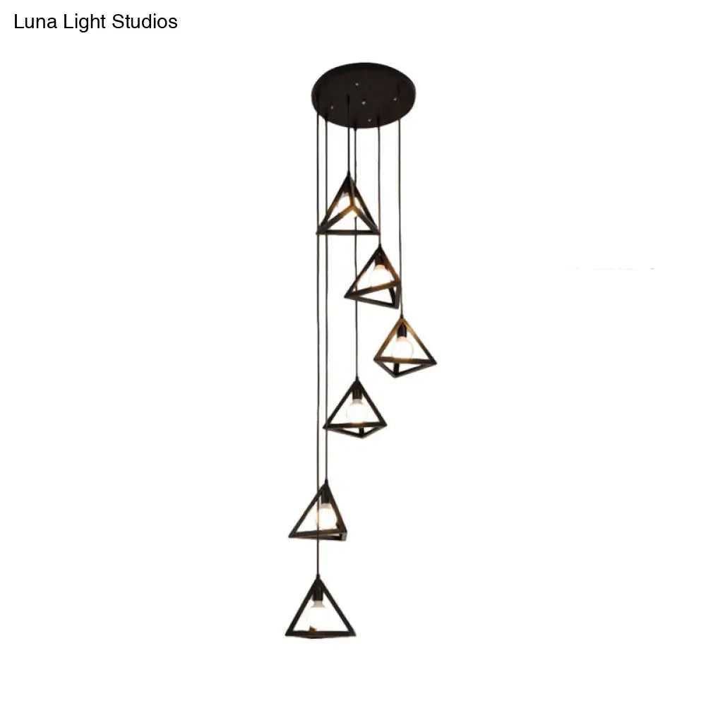Vintage Black Metal Triangle Cluster Pendant Light - 6-Bulb Hanging Ceiling