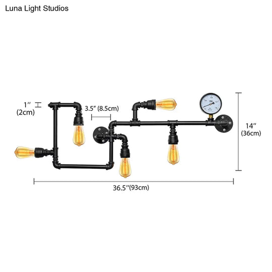 Vintage Twisted Pipe Wall Lamp With Pressure Gauge - 5-Bulb Metallic Design