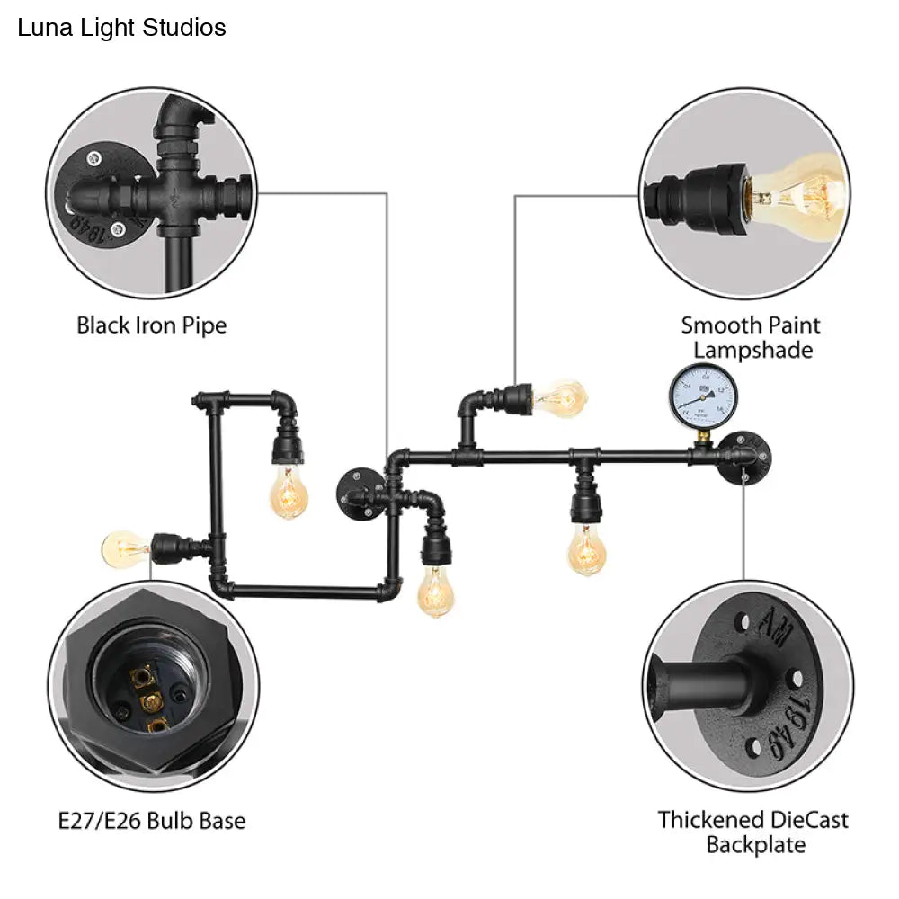 Vintage Twisted Pipe Wall Lamp With Pressure Gauge - 5-Bulb Metallic Design
