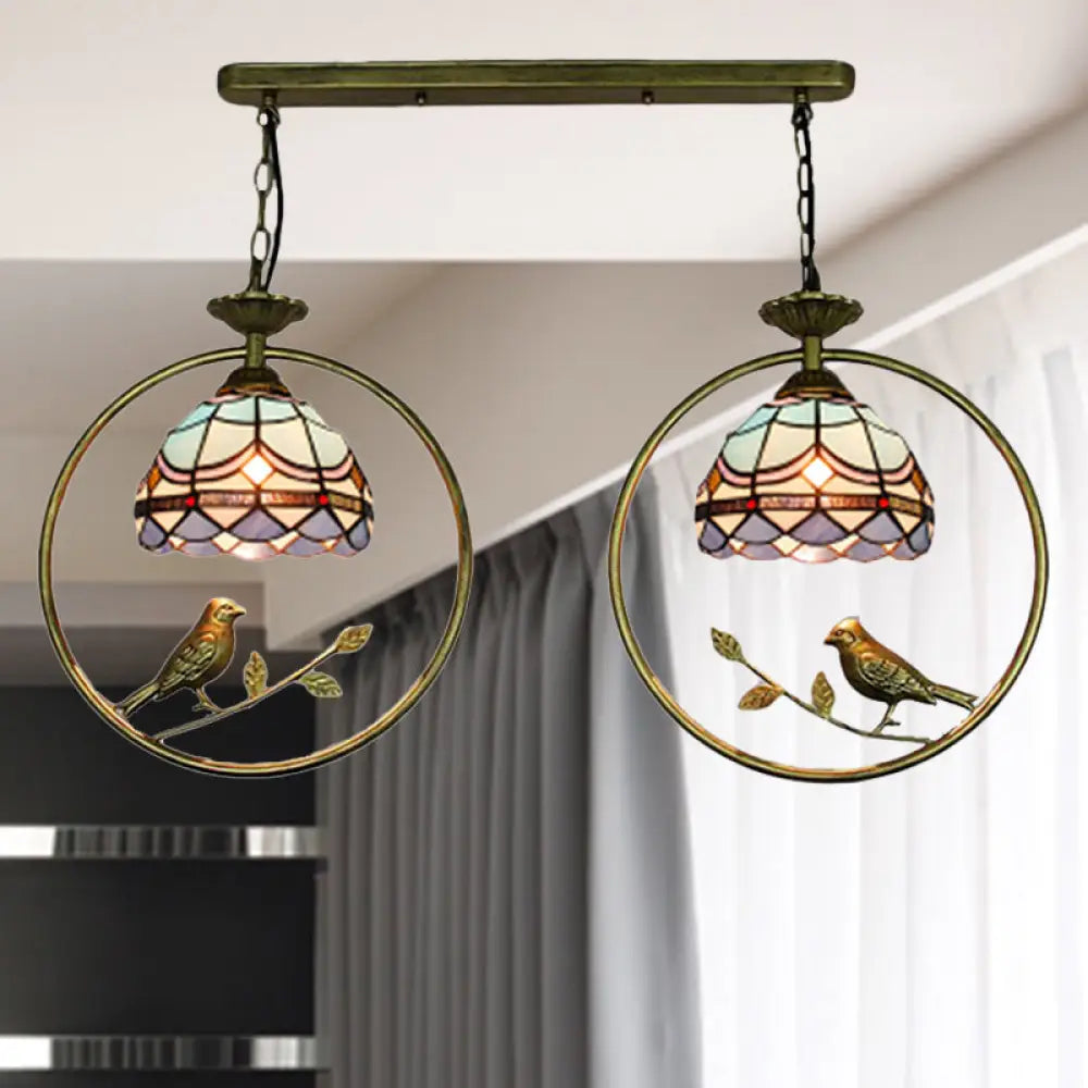 Vintage Victorian Hanging Light With Bird Detailing - 2 Bulb Tiffany Stained Glass Suspension For