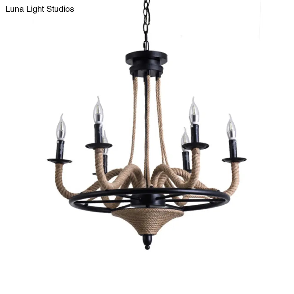 Vintage Wagon Wheel 6 Bulb Chandelier Pendant Light With Rope Detail - Black Metal Hanging Lamp