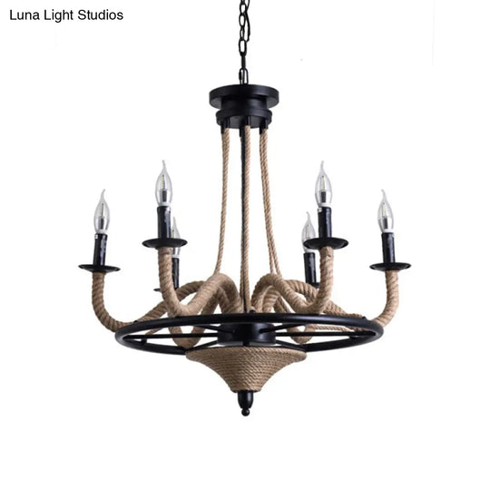 Vintage Wagon Wheel Chandelier With Rope Detail - 6 Bulb Pendant Light Black Metal Hanging Lamp