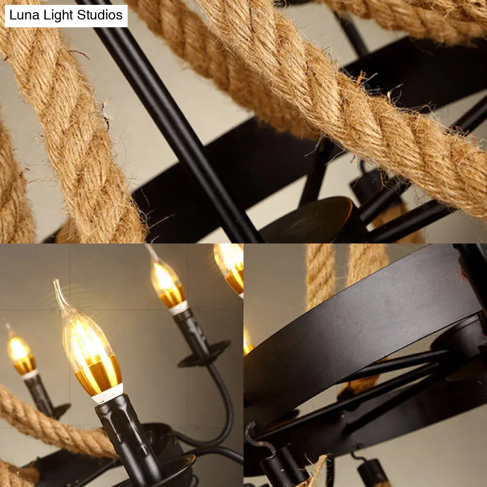 Vintage Wagon Wheel Chandelier With Rope Detail - 6 Bulb Pendant Light Black Metal Hanging Lamp