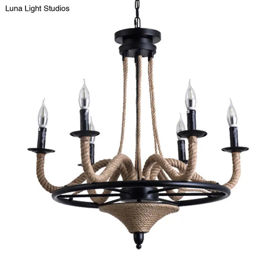 Vintage Wagon Wheel Chandelier With Rope Detail - 6 Bulb Pendant Light Black Metal Hanging Lamp