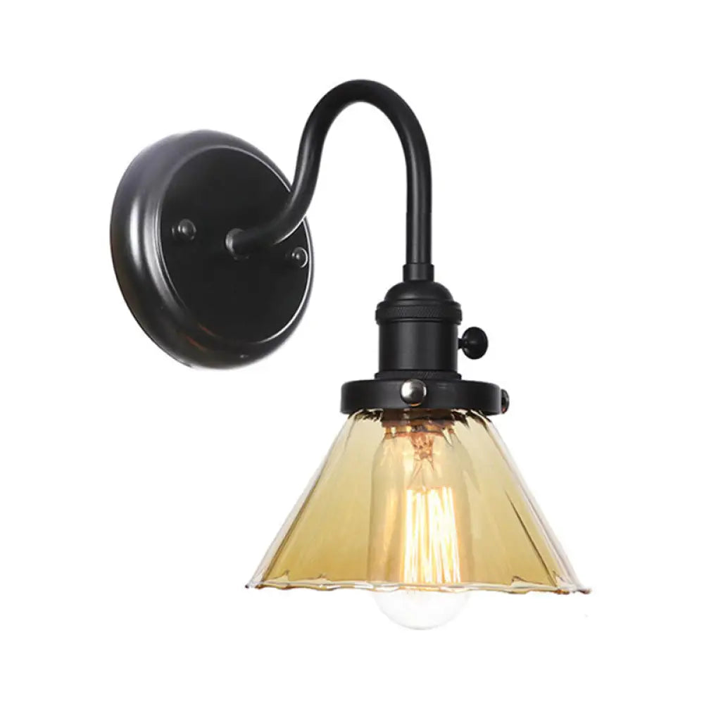 Vintage Wall Mount Gooseneck Lamp With Glass Shade - 1 Light In Black Amber / A