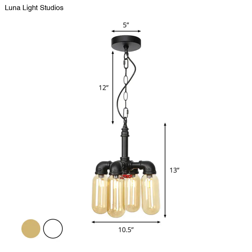Vintage Water Pipe Chandelier Pendant Lighting - Led Hanging Lamp Kit With 4 Amber/Clear Glass Bulbs