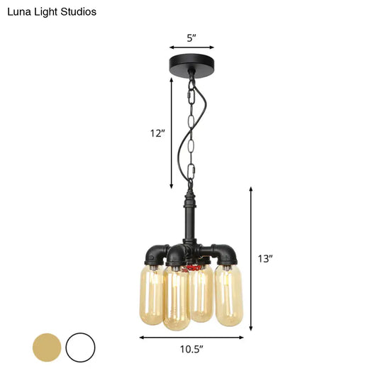 Vintage Water Pipe Chandelier Pendant Lighting - Led Hanging Lamp Kit With 4 Amber/Clear Glass Bulbs