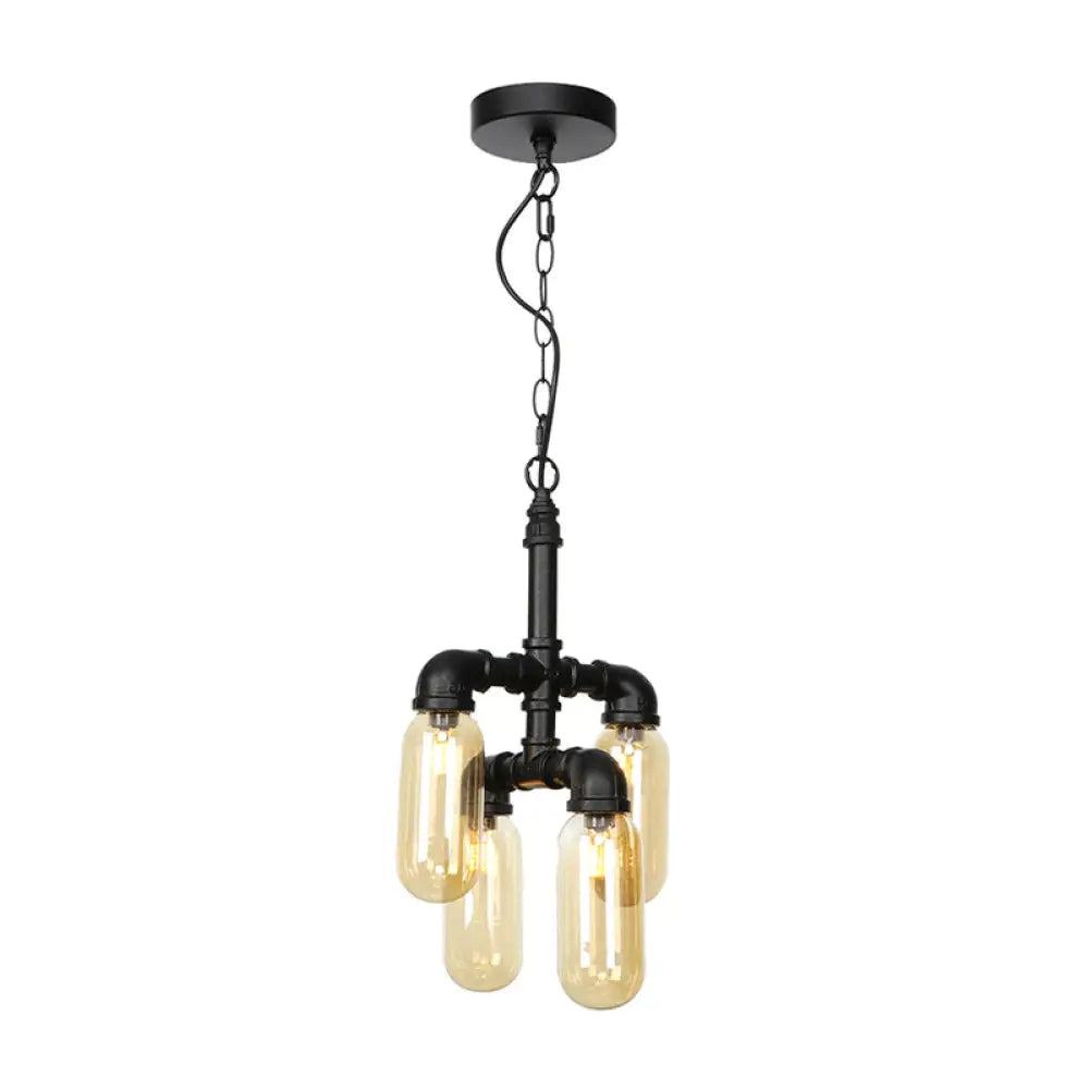 Vintage Water Pipe Chandelier Pendant Lighting - Led Hanging Lamp Kit With 4 Amber/Clear Glass