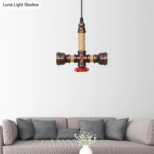 Vintage Water Pipe Chandelier With 2/3 Hanging Pendant Lights In Rust 8’/9’/10’ Width