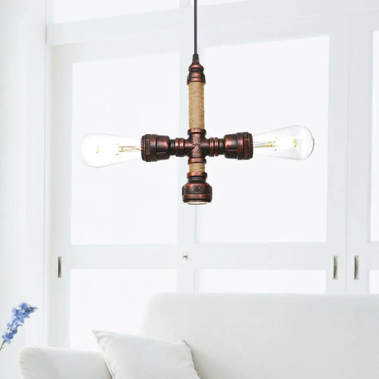 Vintage Water Pipe Chandelier With 2/3 Hanging Pendant Lights In Rust 8’/9’/10’ Width / 10