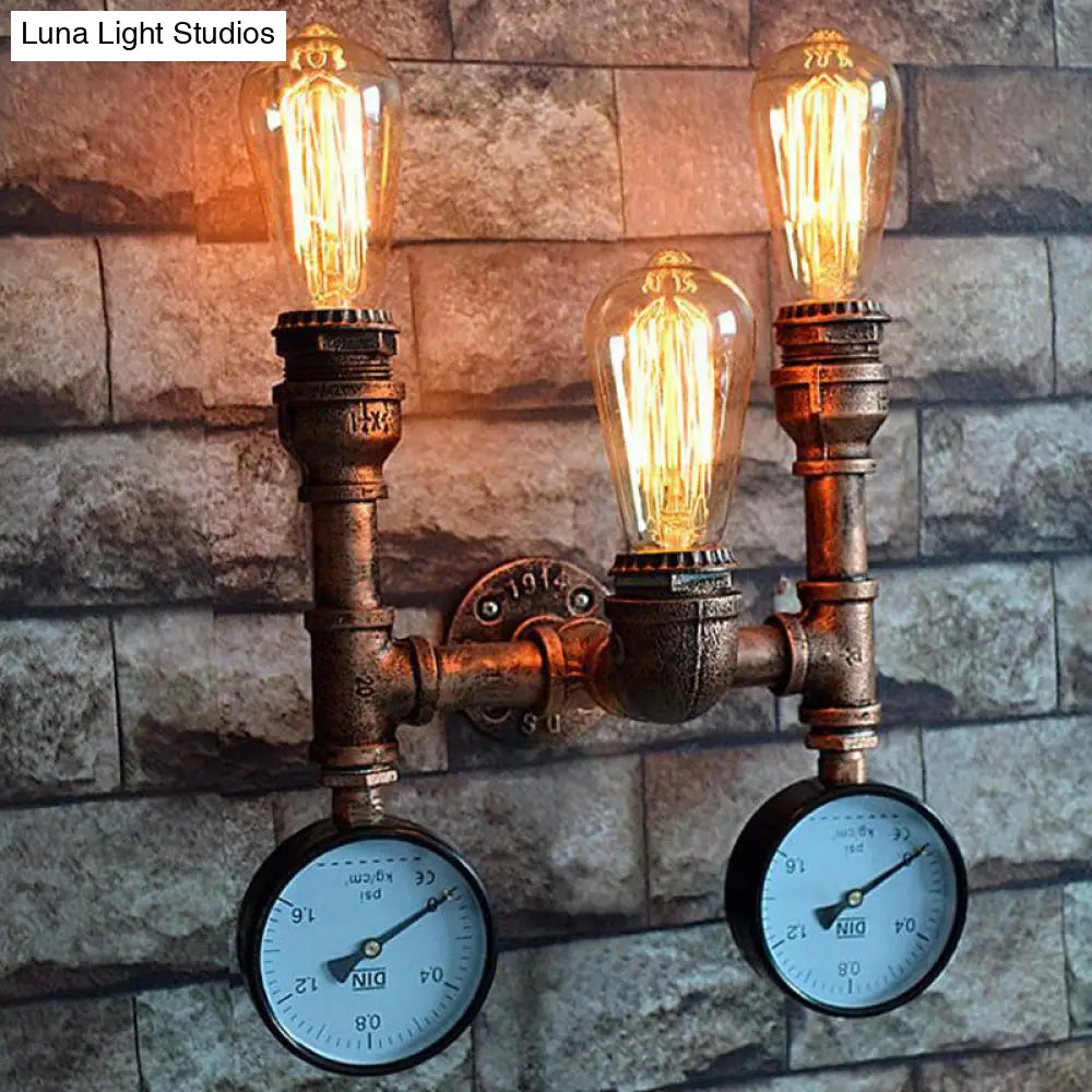 Vintage Water Pipe Metal Wall Sconce Lamp In Copper - 3 Bulbs Light Fixture With 2-Gauge Deco