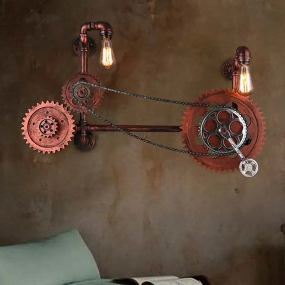 Vintage Weathered Copper Wall Lamp - 2-Light Gear Sconce Fixture