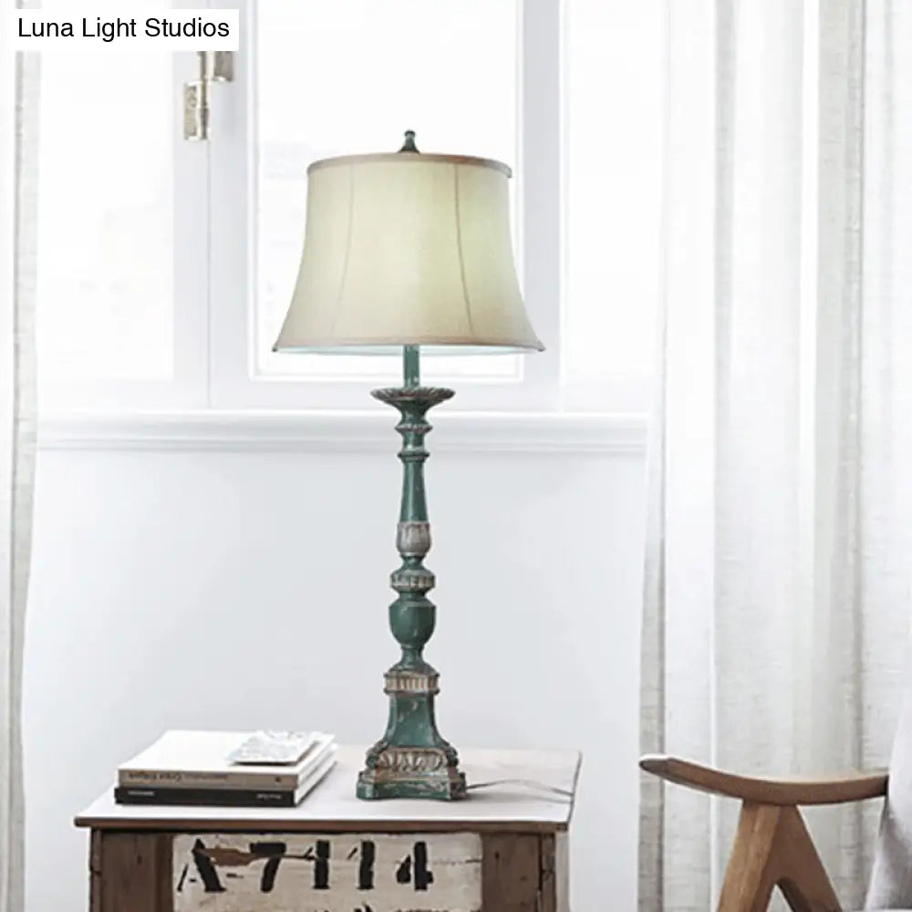 Vintage White Bell Shade Table Lamp With Resin Base - 1-Light Bedroom Nightstand Accent Light