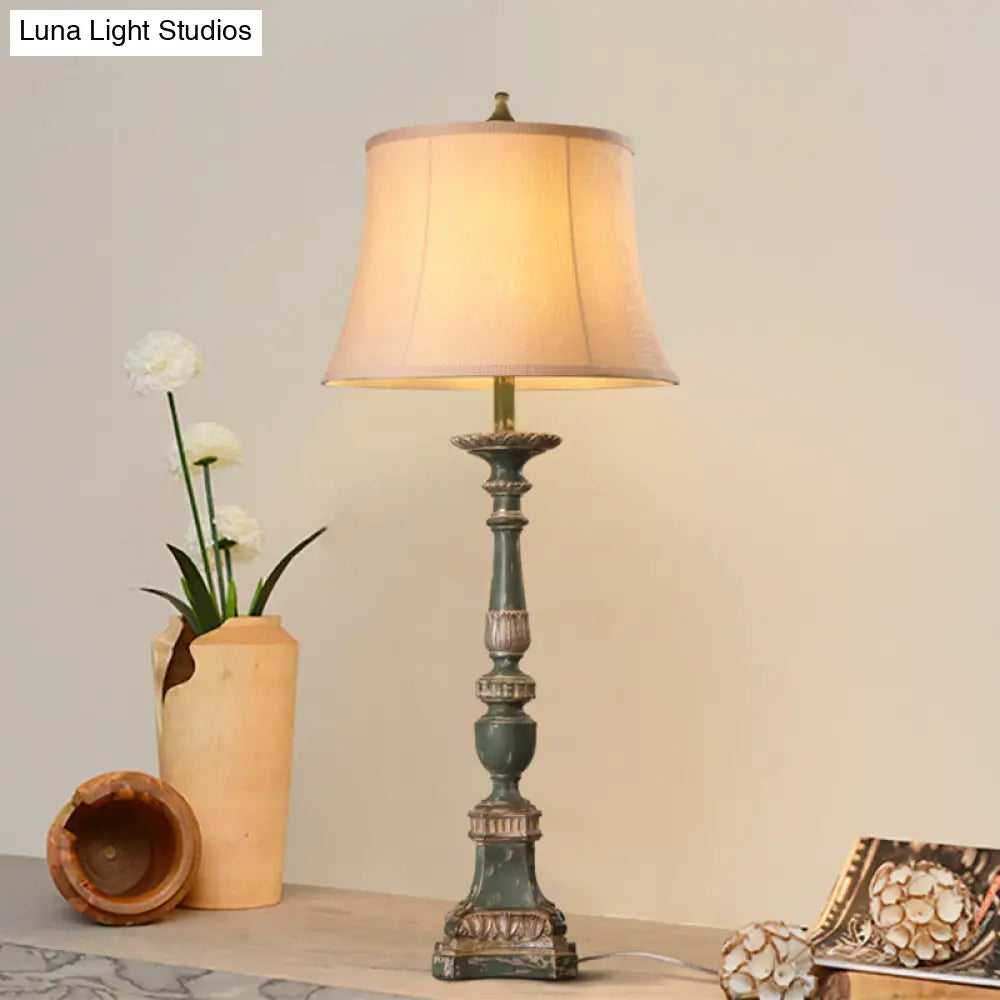 Vintage White Bell Shade Table Lamp With Resin Base - 1-Light Bedroom Nightstand Accent Light