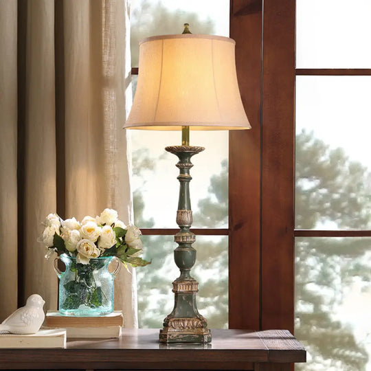 Vintage White Bell Shade Table Lamp With Resin Base - 1-Light Bedroom Nightstand Accent Light