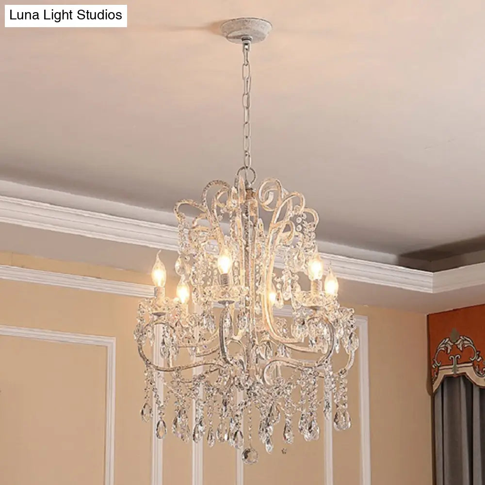 Vintage White Crystal Beaded Ceiling Chandelier With Metallic Candlestick Design