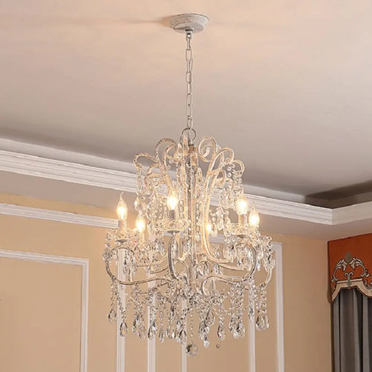 Vintage White Crystal Beaded Ceiling Chandelier With Metallic Candlestick Design 6 /