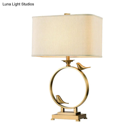 Vintage White Fabric Night Lamp With Gold Metal Base - 1 Light Rectangle Table