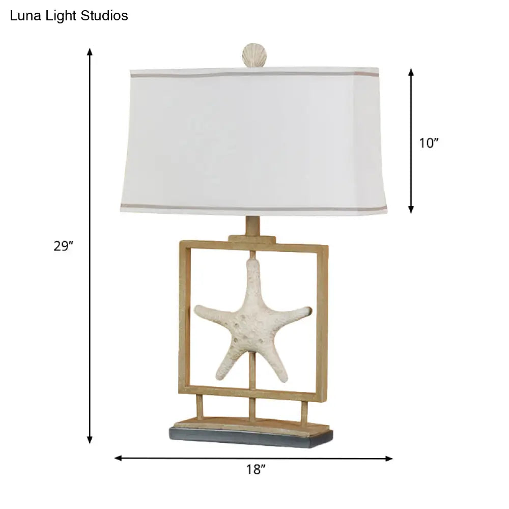 Vintage White Fabric Table Lamp With Starfish Design - 1 Light Trapezoid