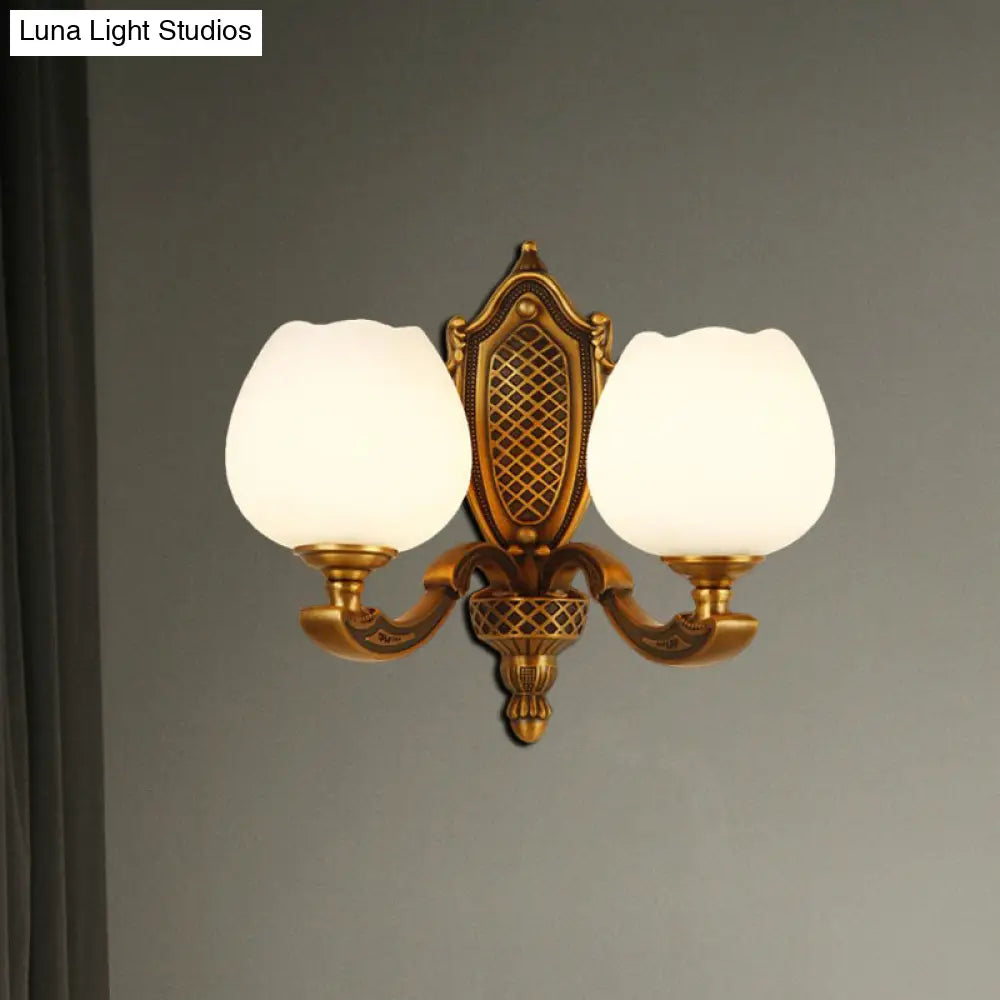 Vintage White Glass Bowl Wall Lamp - Bedroom Sconce Light With Brass Finish