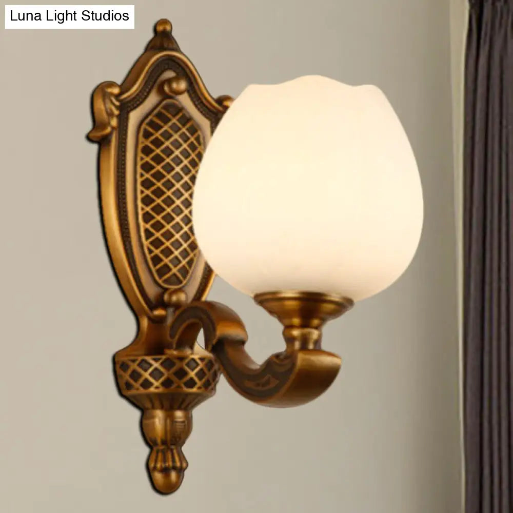 Vintage White Glass Bowl Wall Lamp - Bedroom Sconce Light With Brass Finish