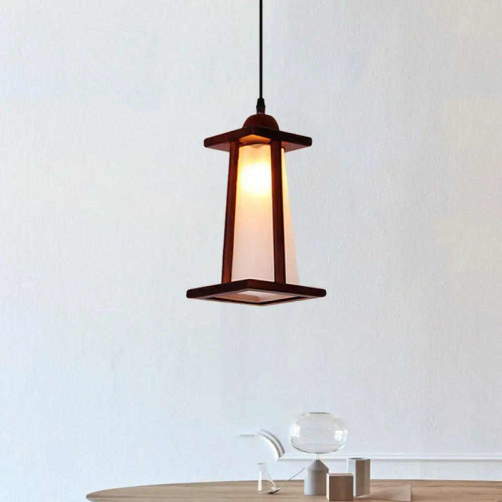 Vintage White Glass Pendant Light With Wood Frame - 1-Light Kitchen Suspension Lamp
