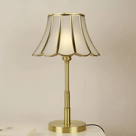 Vintage White Glass Scalloped Bedside Desk Lamp With Brass Finish - 1-Bulb Reading Book Light