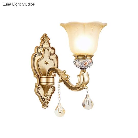 Vintage White Glass Sconce Light With Carved Arm - 1-Light Petal Wall Mounted Lighting In Gold