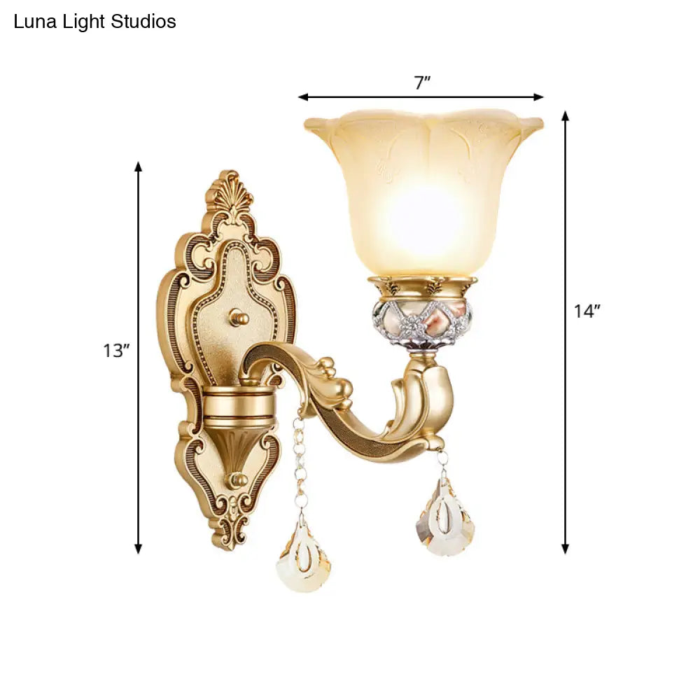 Vintage White Glass Sconce Light With Carved Arm - 1-Light Petal Wall Mounted Lighting In Gold