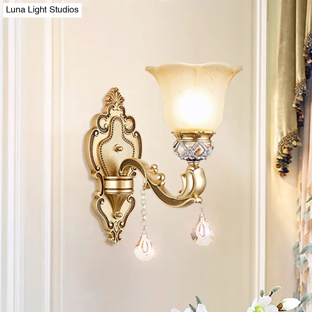 Vintage White Glass Sconce Light With Carved Arm - 1-Light Petal Wall Mounted Lighting In Gold