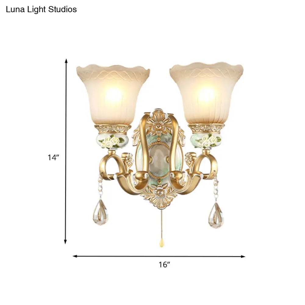 Vintage White Glass Wall Sconce With Gold Scallop Design And 1/2 Lights - Elegant Golden Arm