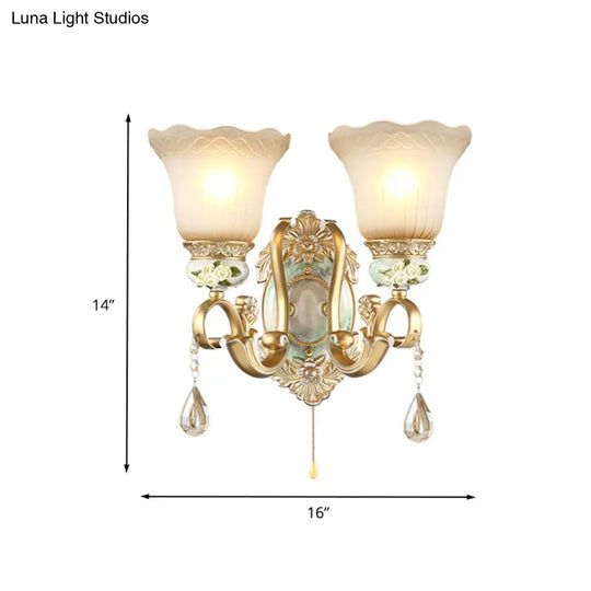 Vintage White Glass Wall Sconce With Gold Scallop Design And 1/2 Lights - Elegant Golden Arm