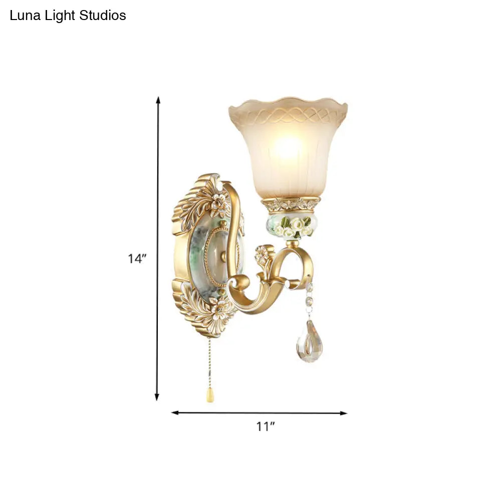 Vintage White Glass Wall Sconce With Gold Scallop Design And 1/2 Lights - Elegant Golden Arm