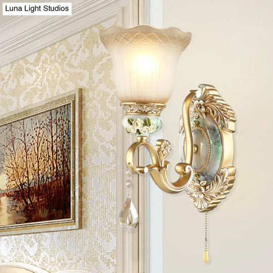 Vintage White Glass Wall Sconce With Gold Scallop Design And 1/2 Lights - Elegant Golden Arm