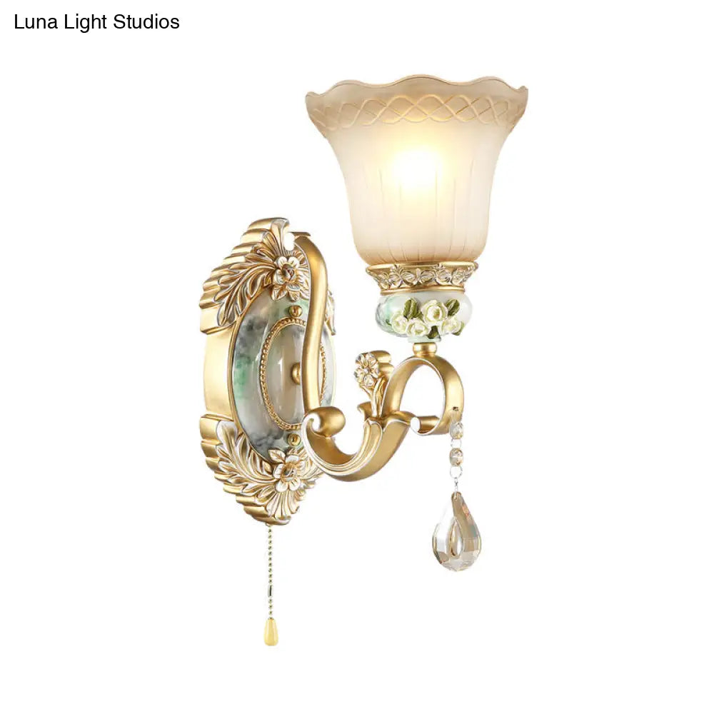 Vintage White Glass Wall Sconce With Gold Scallop Design And 1/2 Lights - Elegant Golden Arm