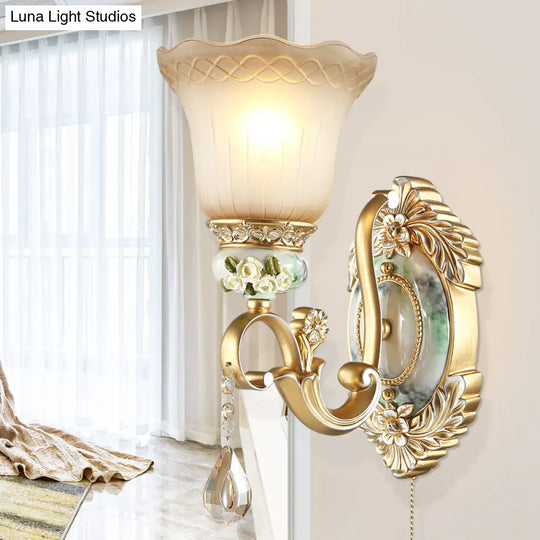 Vintage White Glass Wall Sconce With Gold Scallop Design And 1/2 Lights - Elegant Golden Arm