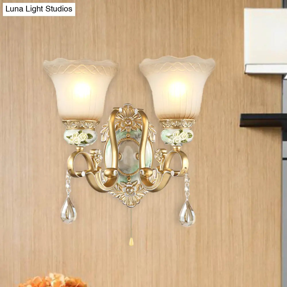 Vintage White Glass Wall Sconce With Gold Scallop Design And 1/2 Lights - Elegant Golden Arm