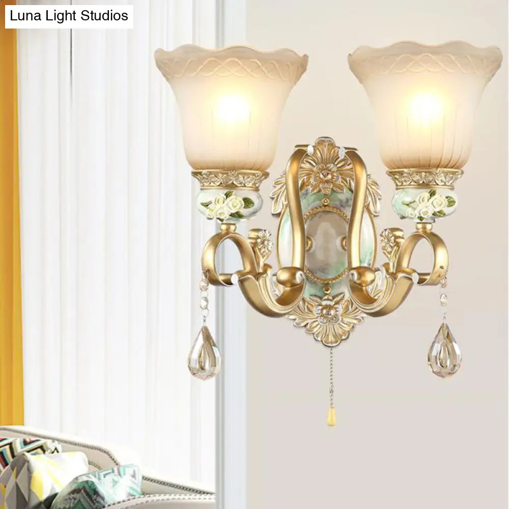 Vintage White Glass Wall Sconce With Gold Scallop Design And 1/2 Lights - Elegant Golden Arm