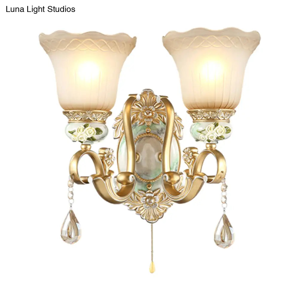 Vintage White Glass Wall Sconce With Gold Scallop Design And 1/2 Lights - Elegant Golden Arm