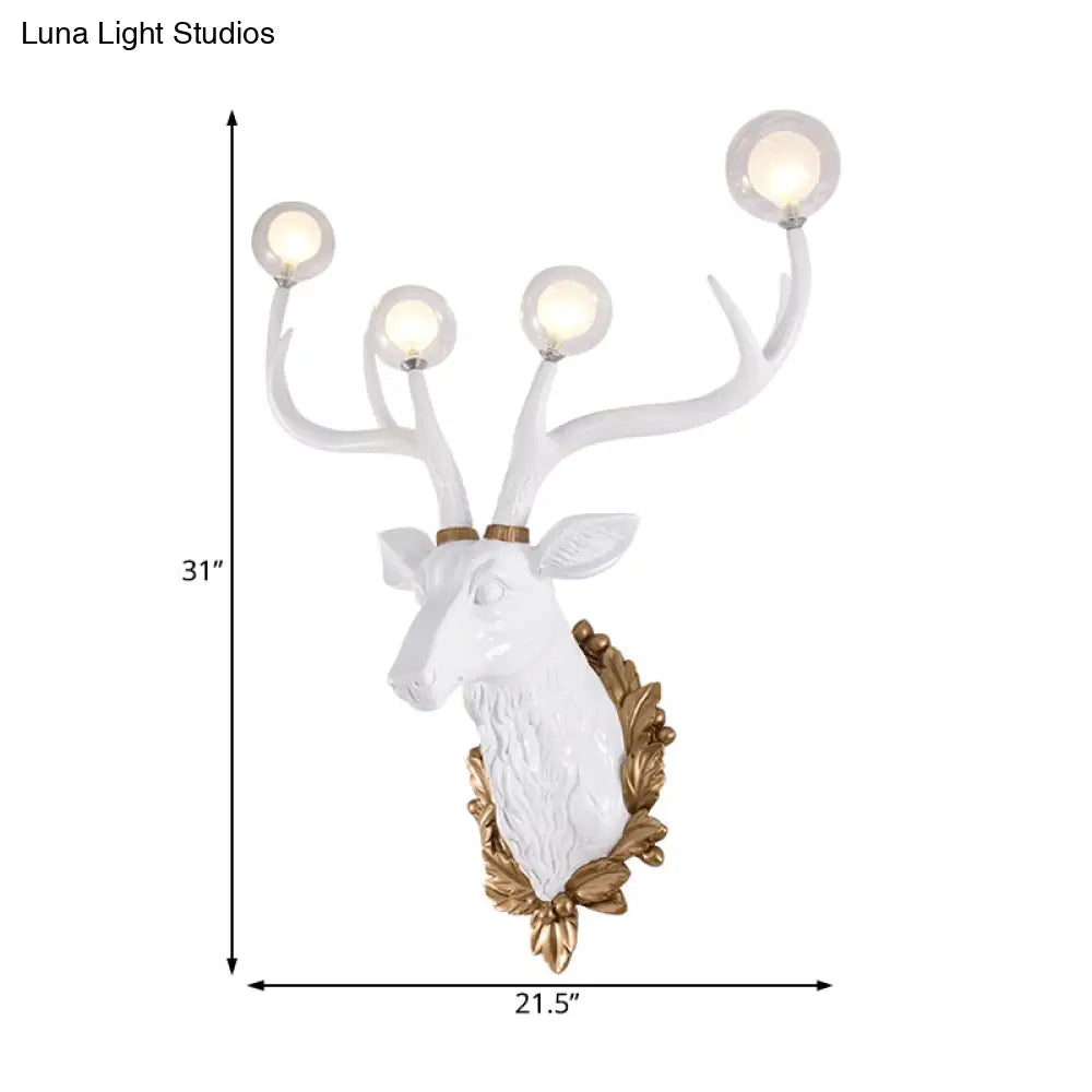 Vintage White/Gold Deer Sconce Lamp With Glass Shade - Set Of 4 Bulbs 17/21.5 W