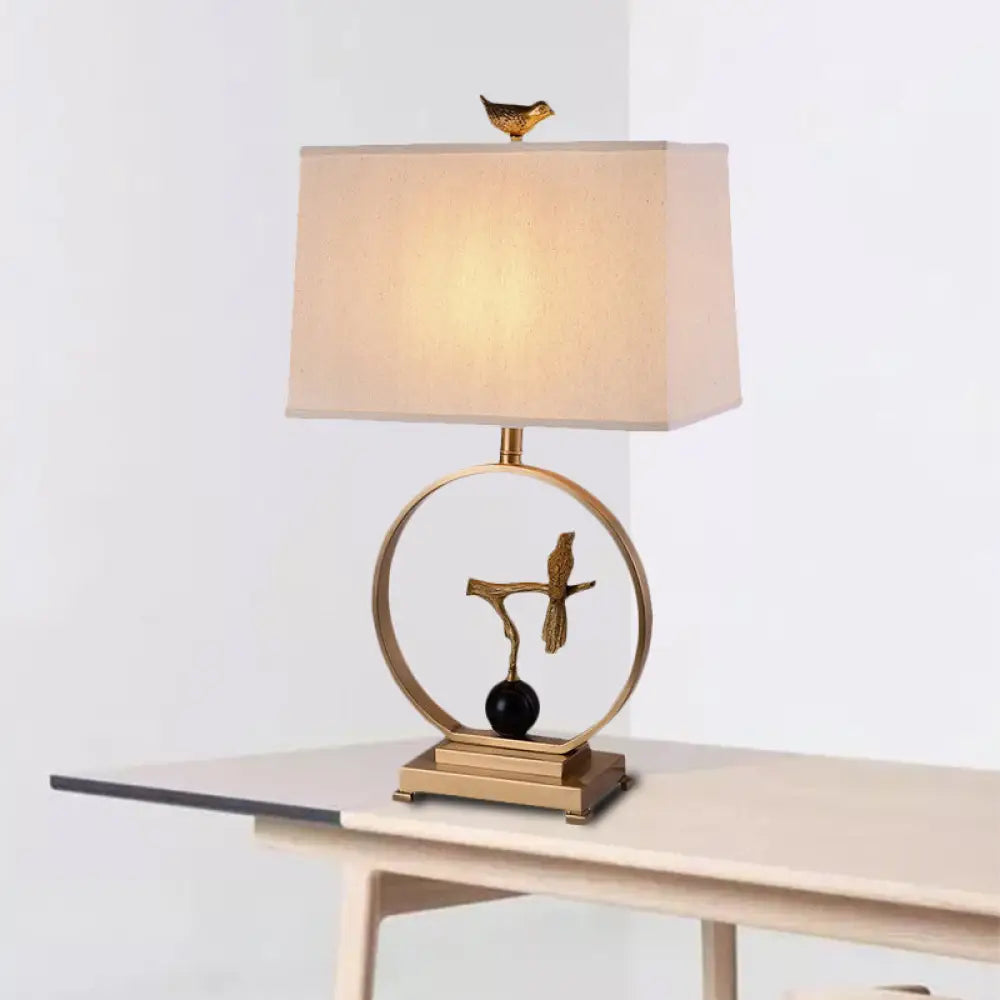 Vintage White Table Lamp With Gold Bird Design - Elegant 1 Light Rectangular Shape Fabric Shade