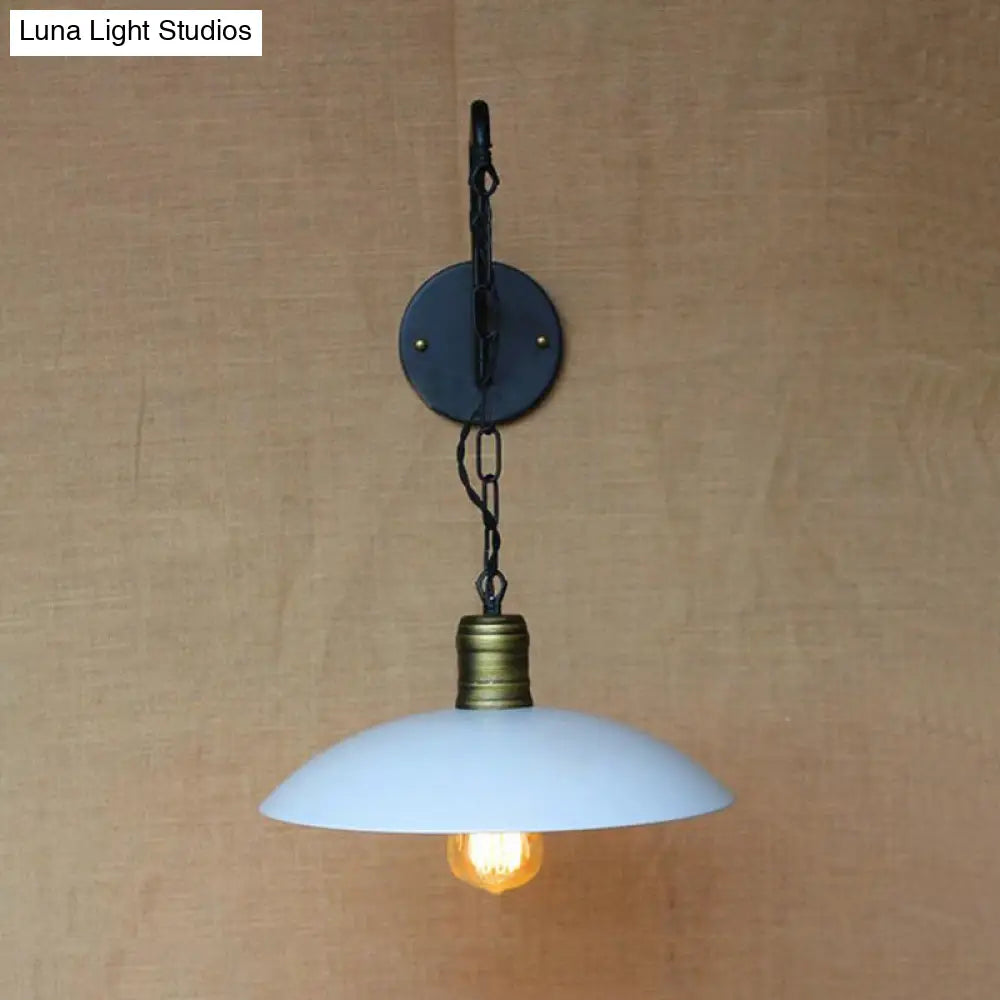 Vintage White Wall Lighting With Saucer Shade And Chain - Bedroom Light Fixture Metallic 1 Bulb