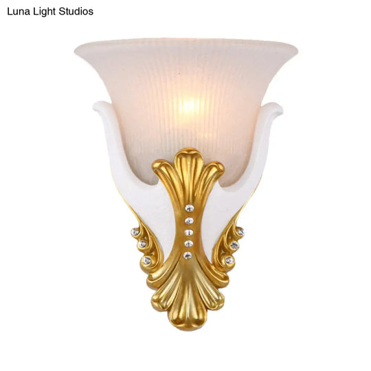 Vintage White/Yellow Glass Wall Light With Ribbed Design - Bedside Sconce Bell Shape 9.5/13 Wide