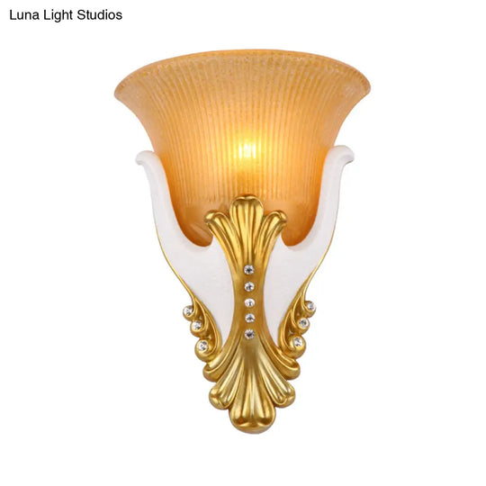 Vintage White/Yellow Glass Wall Light With Ribbed Design - Bedside Sconce Bell Shape 9.5/13 Wide