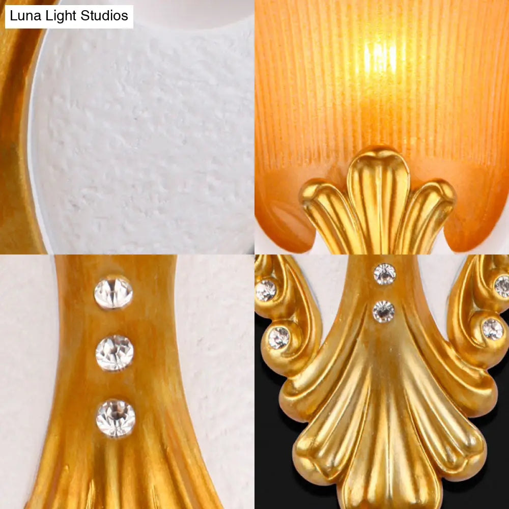 Vintage White/Yellow Glass Wall Light With Ribbed Design - Bedside Sconce Bell Shape 9.5/13 Wide