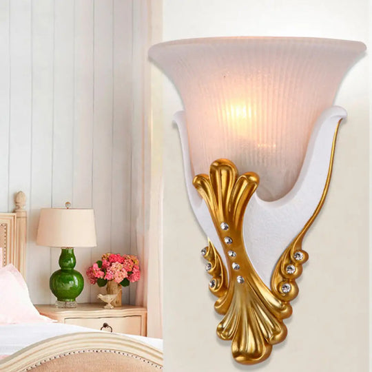 Vintage White/Yellow Glass Wall Light With Ribbed Design - Bedside Sconce Bell Shape 9.5/13 Wide