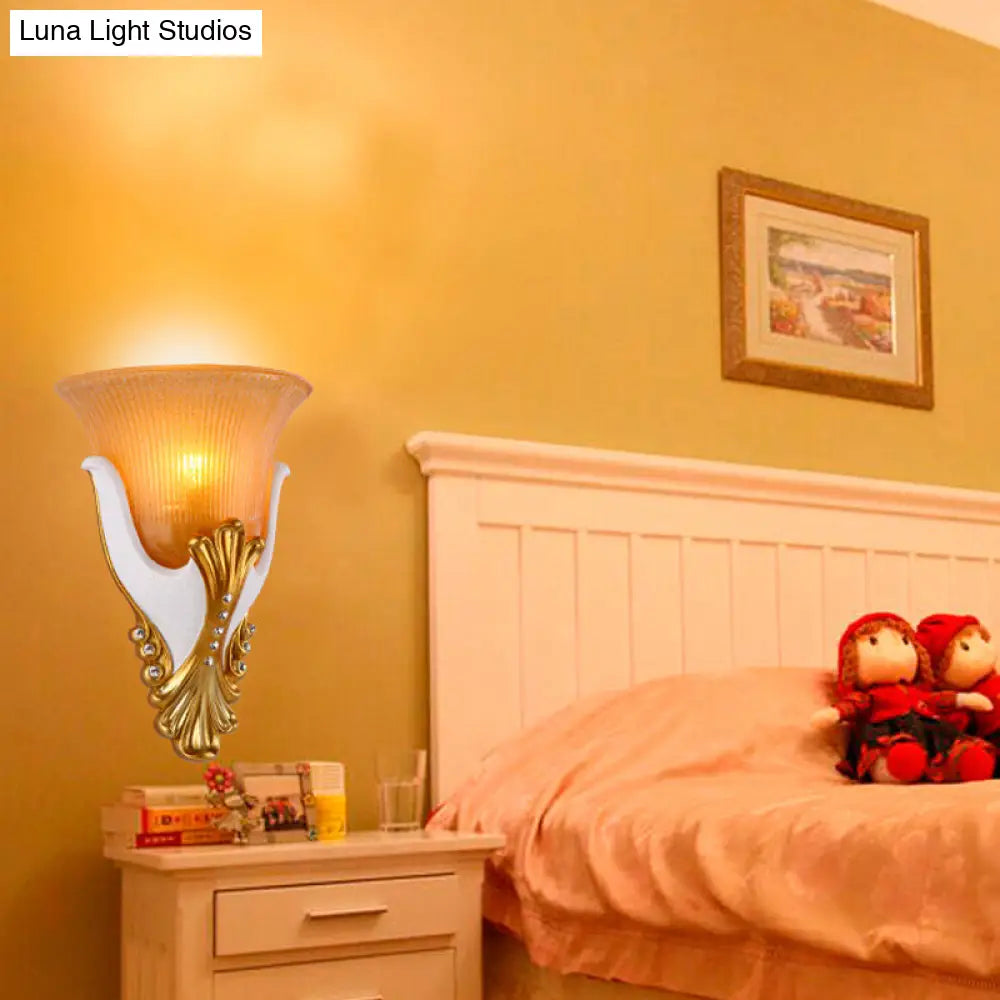 Vintage White/Yellow Glass Wall Light With Ribbed Design - Bedside Sconce Bell Shape 9.5/13 Wide