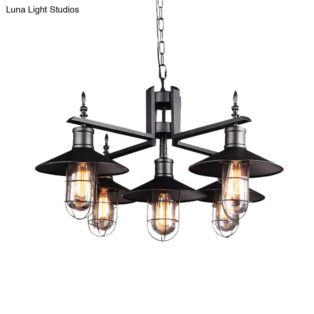 Black Metal 6-Head Caged Pendant Chandelier With Clear Glass Shade