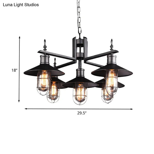 Black Metal 6-Head Caged Pendant Chandelier With Clear Glass Shade